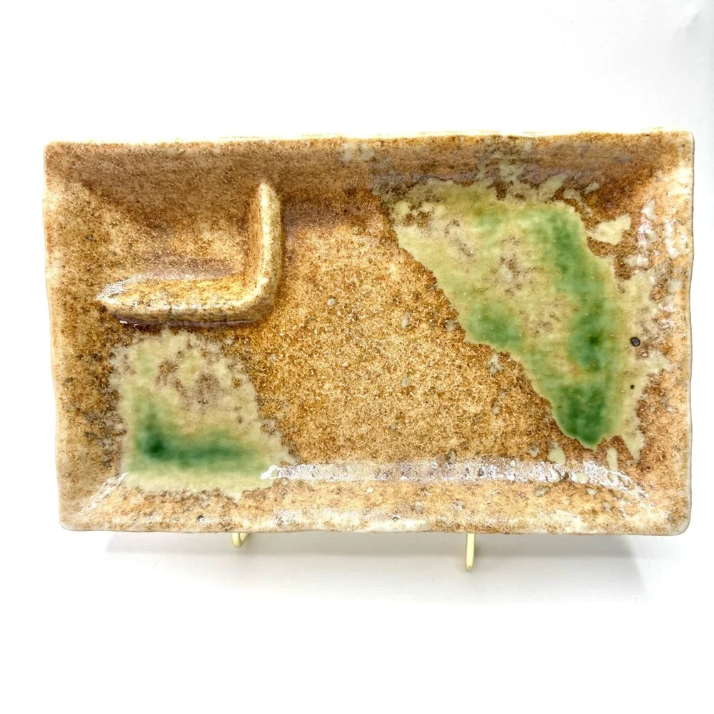 Japanese Set of 3 Doki Yakimono Sectioned Sushi Plates in Tan and Green Glaze